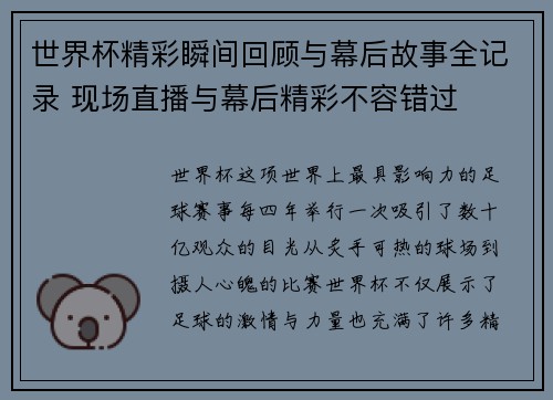 世界杯精彩瞬间回顾与幕后故事全记录 现场直播与幕后精彩不容错过